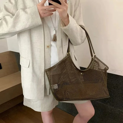 Large Mesh Tote Bag for Women – PU Leather Trim Shoulder Bag