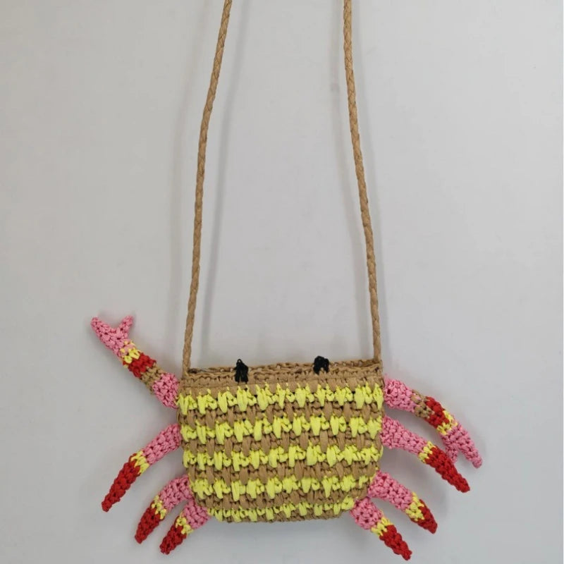 Crab Straw Woven Shoulder Bag – Colorful Handwoven Novelty Bag
