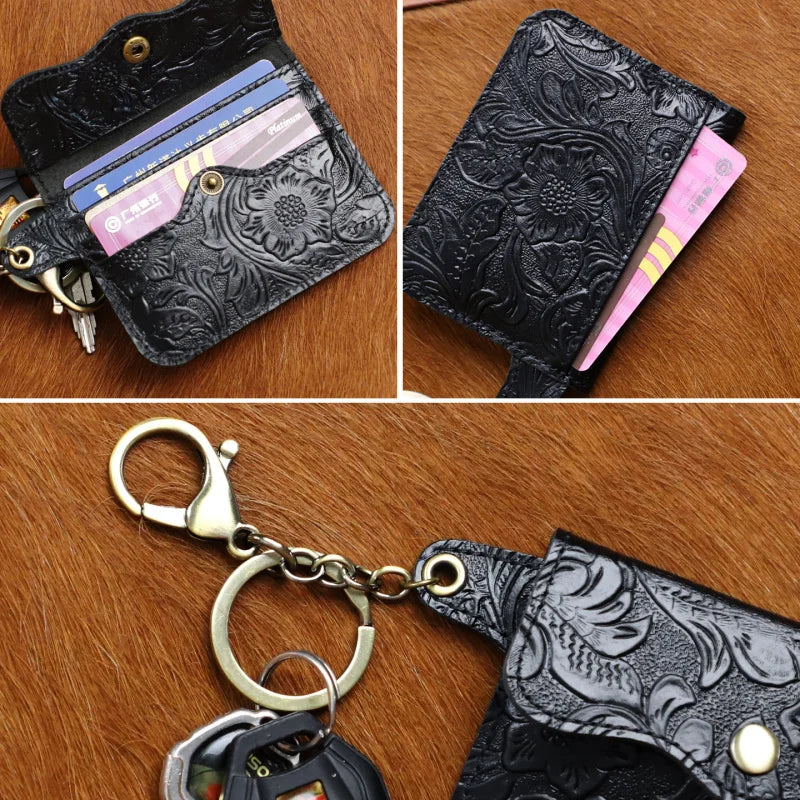 Genuine Leather Coin Purse & Card Holder Wallet with Keyring – Floral Embossed