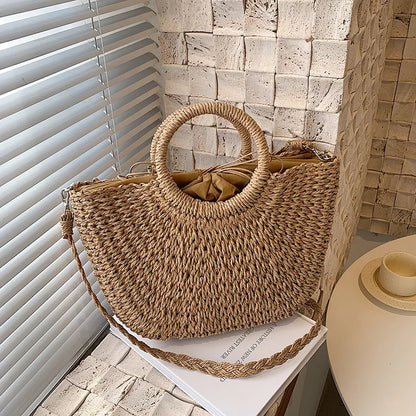 Straw Bucket Bag for Women – Handwoven Round Handle Beach Tote