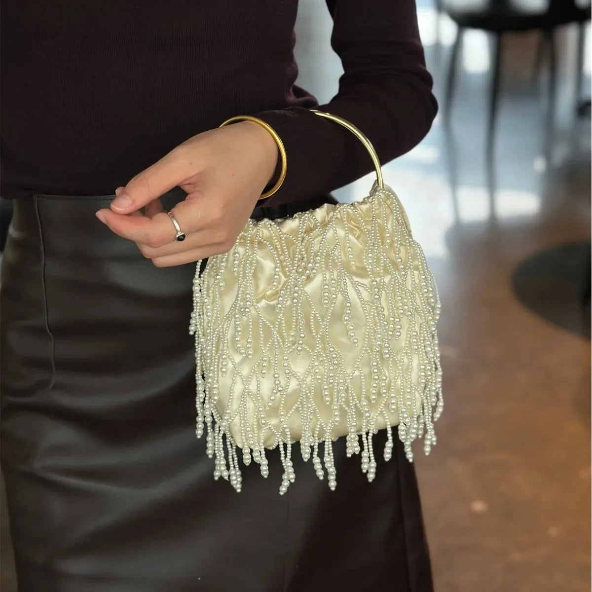 Pearl Beaded Fringe Evening Bag – Luxury Satin Handbag for Wedding & Party