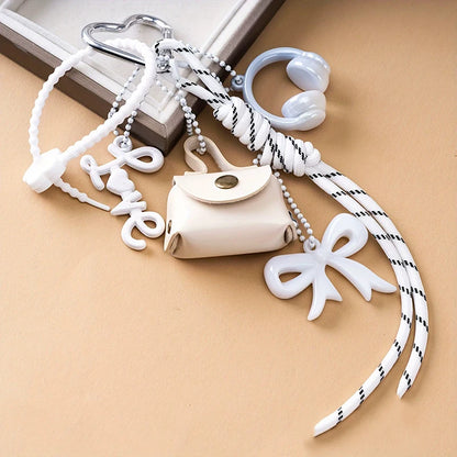 Mini Bow Bag Charm Keychain with Braided Rope & Heart Pendant