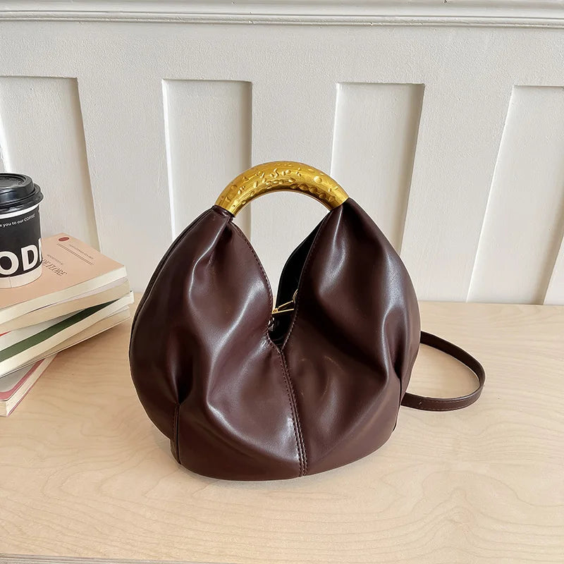 Moods Retro Gold Ring Handle Women Hobo Bag Soft Vegan Leather Shoulder Crossbody Purse Elegant