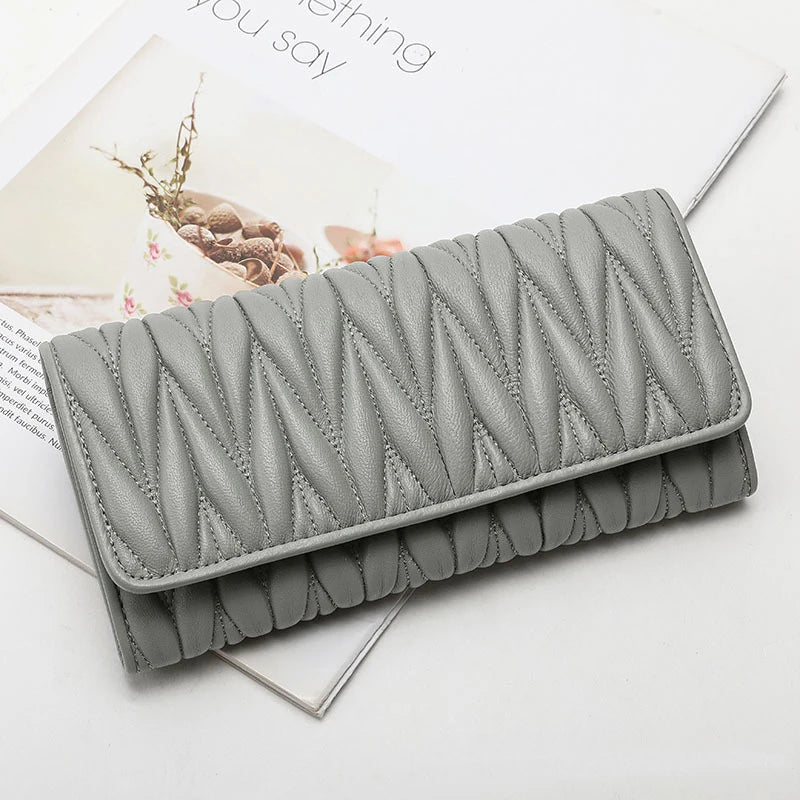 Genuine Sheepskin Leather Long Wallet for Women – Pleated Clutch Purse