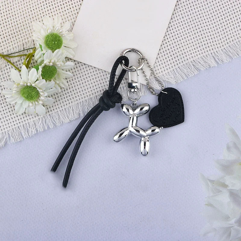 Y2K Balloon Dog Keychain with Heart Charm & Leather Tassel