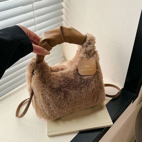 Faux Fur Plush Half-Moon Bag – Ruched Handle Shoulder & Crossbody