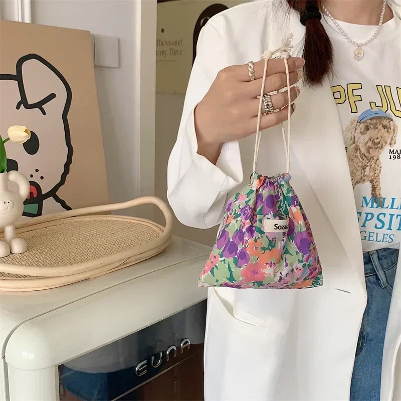 Kawaii Floral Drawstring Pouch – Cute Cosmetic & Coin Purse Bag