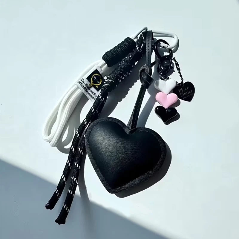 Heart Leather Keychain Bag Charm with Braided Rope & Heart Beads