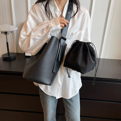 Moods Retro Shoulder Bucket Bag Sets Women 2-In-1 Solid Color Large Capacity Cross Body Shopper