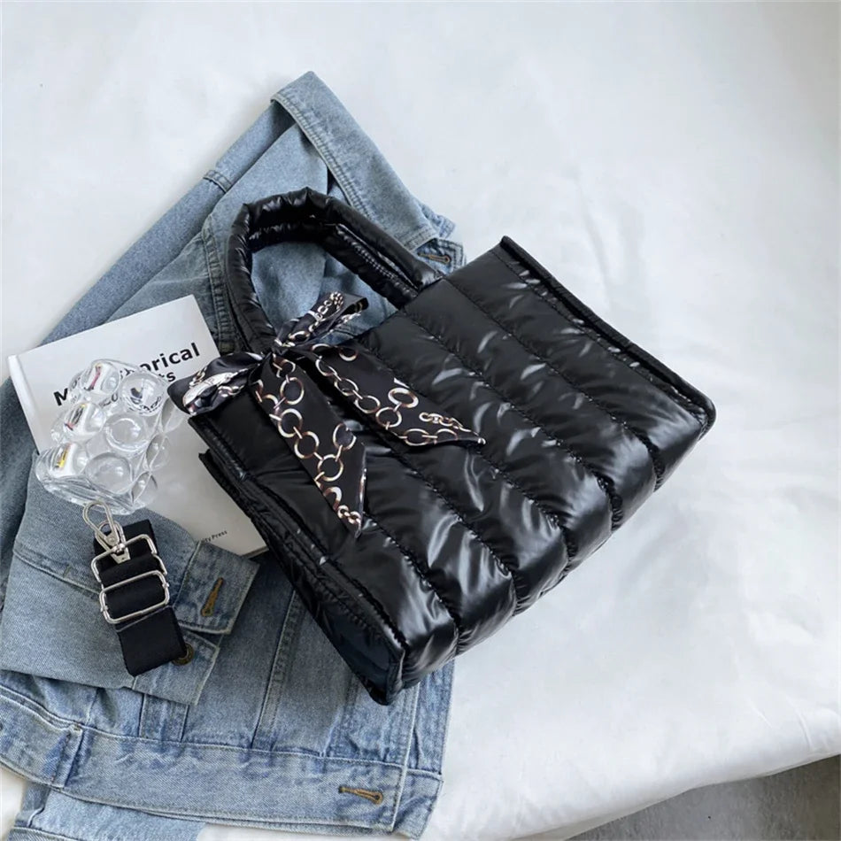 Quilted Women's Tote Bag with Silk Scarf Accent & Crossbody Strap