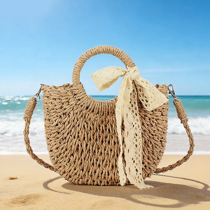 Moon Shape Straw Bag for Women – Woven Rattan Tote with Lace Bow
