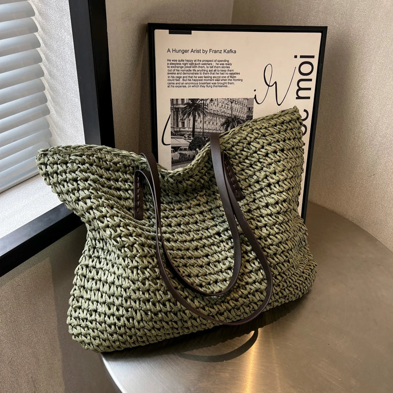 Moods Luxury Design Straw Woven Tote Bags Women Large Capacity Shoulder Beach Bag Pure Color Summer