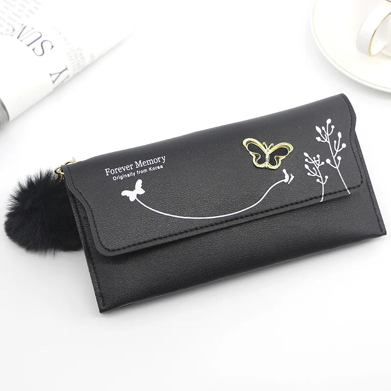 Women's Long Wallet – Butterfly PU Leather Purse with Pom-Pom
