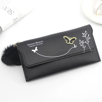 Women's Long Wallet – Butterfly PU Leather Purse with Pom-Pom