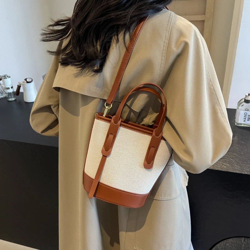 Versatile Pu Canvas Bucket Shoulder Crossbody Bags Simple Casual Sense Luxury Retro Handbags Women