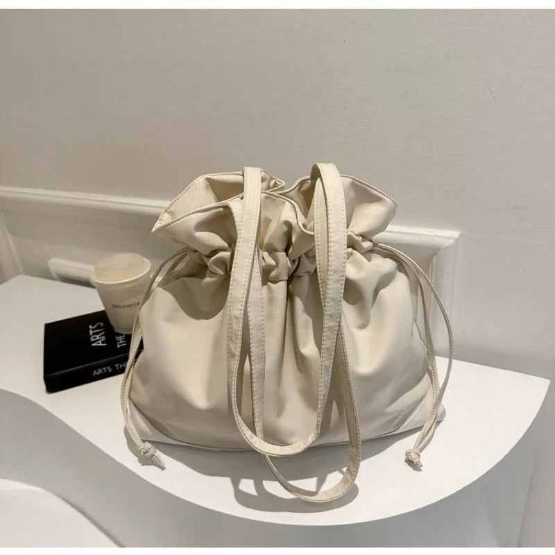 Large Nylon Bucket Bag Women's Casual Drawstring Shoulder Handbag