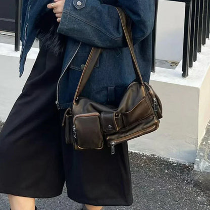 Hobo Crossbody Bag – Y2K Washed Leather Multi-Pocket Women's Bag