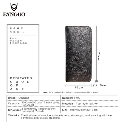 Genuine Leather Long Wallet – Floral Embossed Bifold for Men & Women