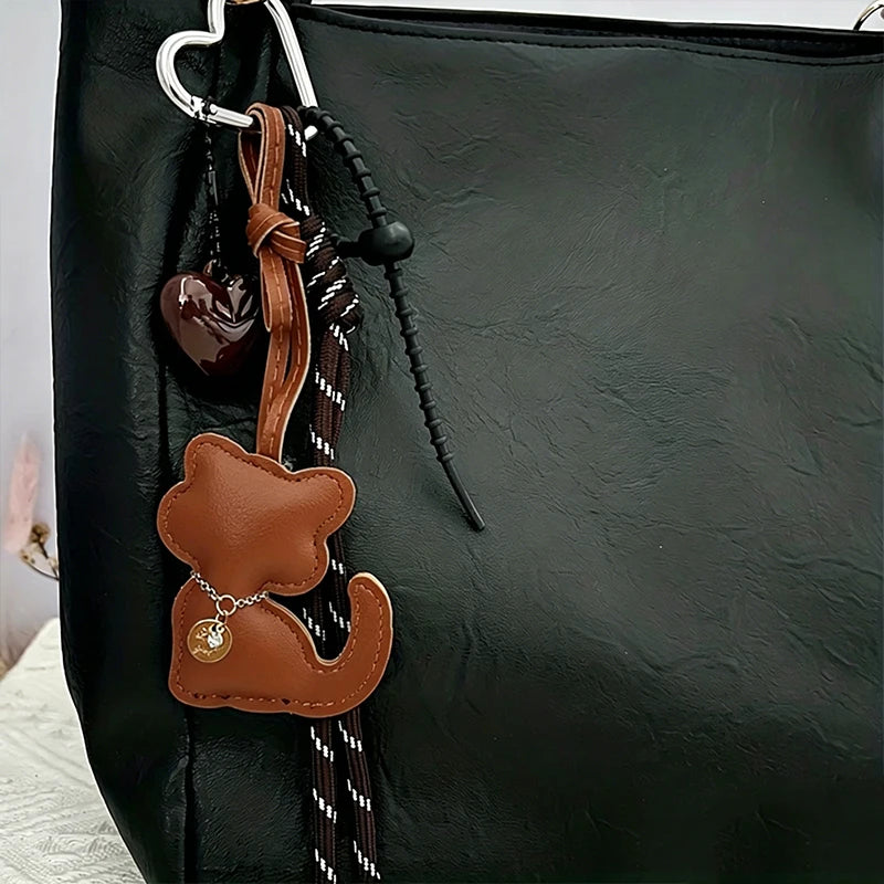 Cat Keychain – Cute Leather Cat & Heart Bag Charm with Tassel