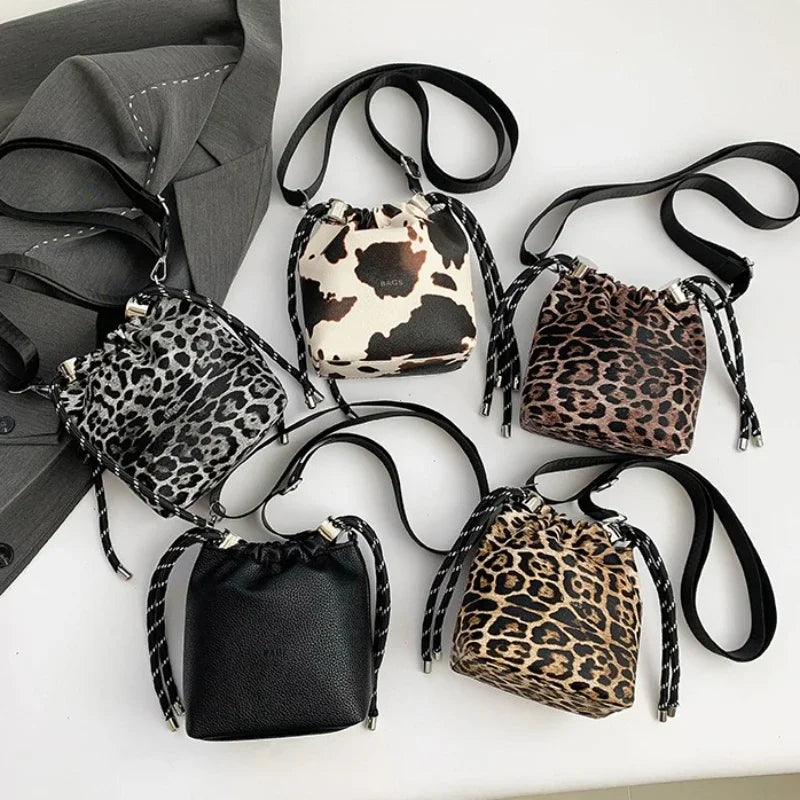 Leopard Print Mini Crossbody Bucket Bag for Women