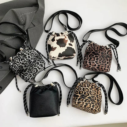Leopard Print Mini Crossbody Bucket Bag for Women