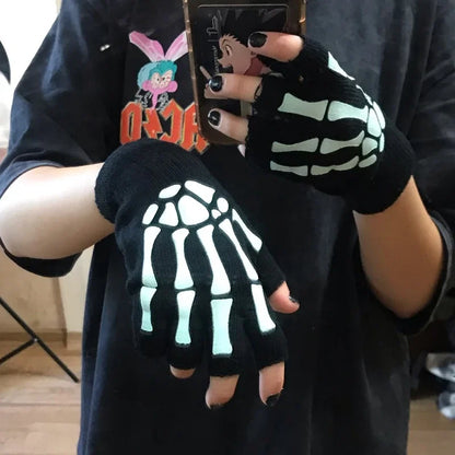 Skeleton Skull Fingerless Gloves – Glow in the Dark Punk Knit
