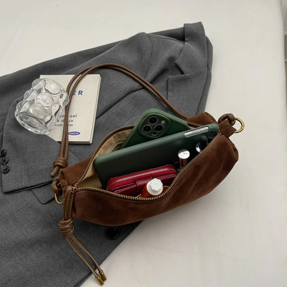 Faux Suede Dumpling Hobo Bag – Women's Crossbody Shoulder Bag