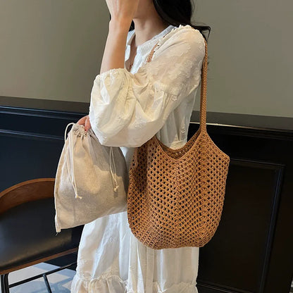 Straw Woven Tote Bag Large Capacity Beach Shoulder Bag
