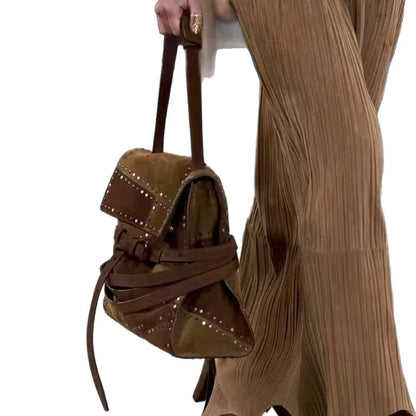 England Style Faux Suede Bags Women Luxury Designer Handbags Purses Vintage Belt Buckle Top Handle