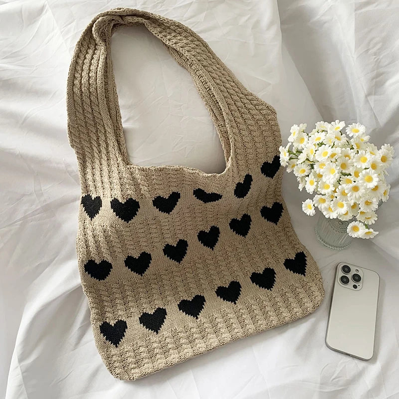 Knitted Heart Pattern Shoulder Tote Bag for Women