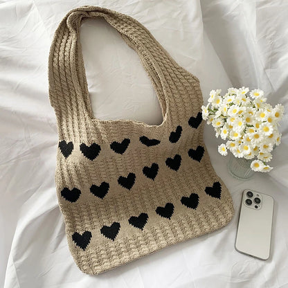 Knitted Heart Pattern Shoulder Tote Bag for Women