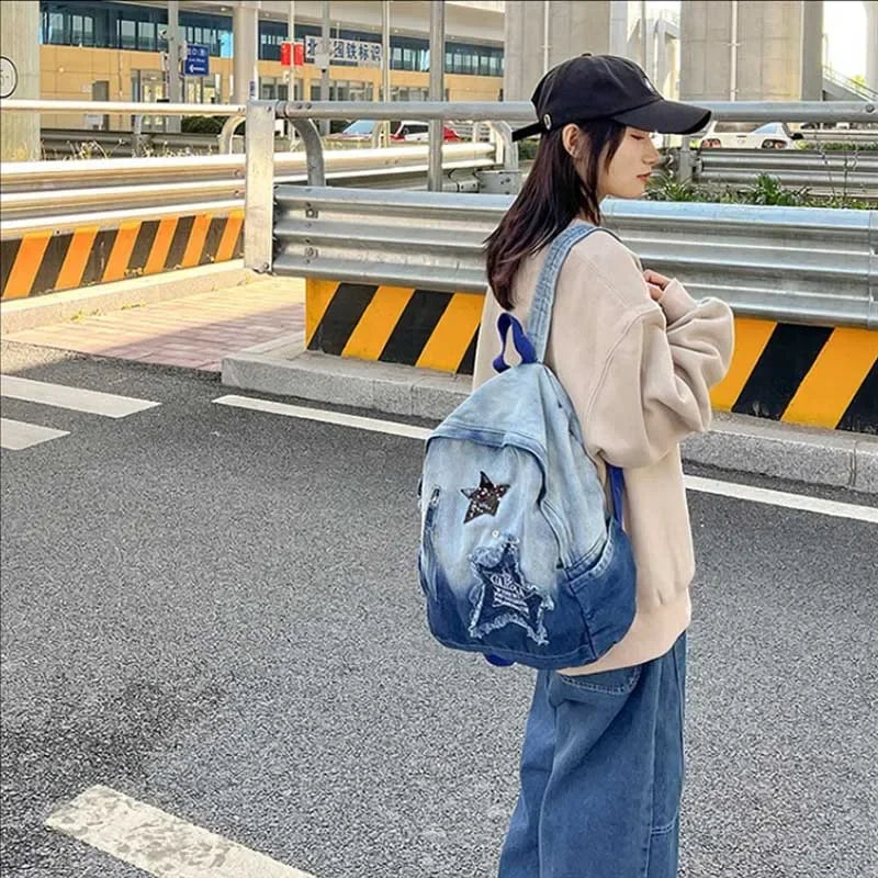 Denim Star Backpack – Y2K Korean Vintage Schoolbag