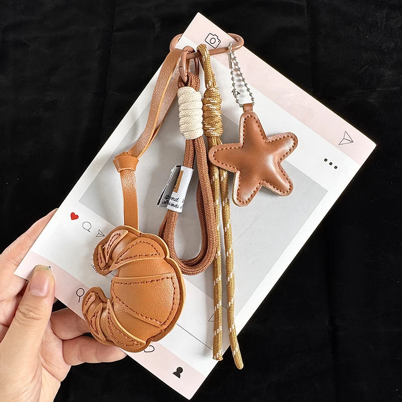 Leather Croissant Keychain – Handmade Star Charm & Braided Rope