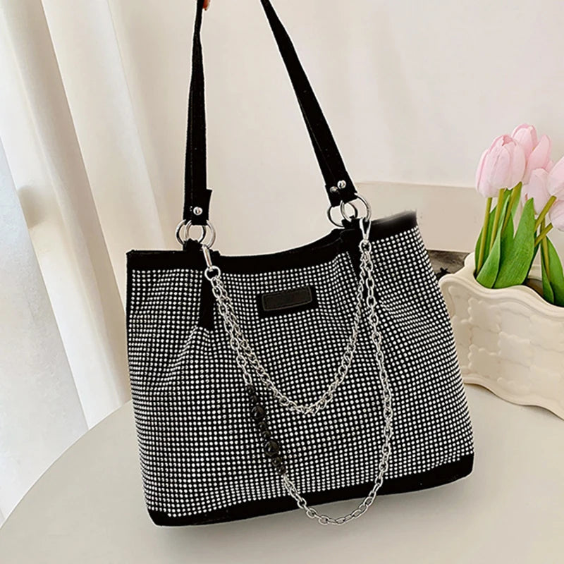 Rhinestone Tote Bag for Women – Large Bling Diamond PU Leather Chain Shoulder Bag