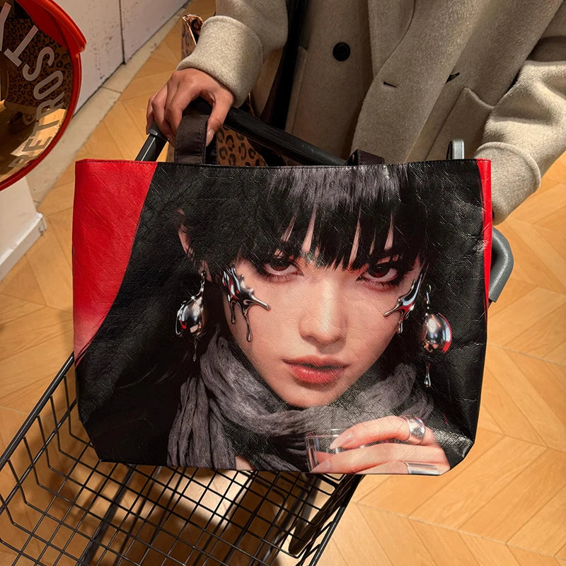 Gothic Girl Print Tote Bag Large Capacity Y2K Shoulder Bag