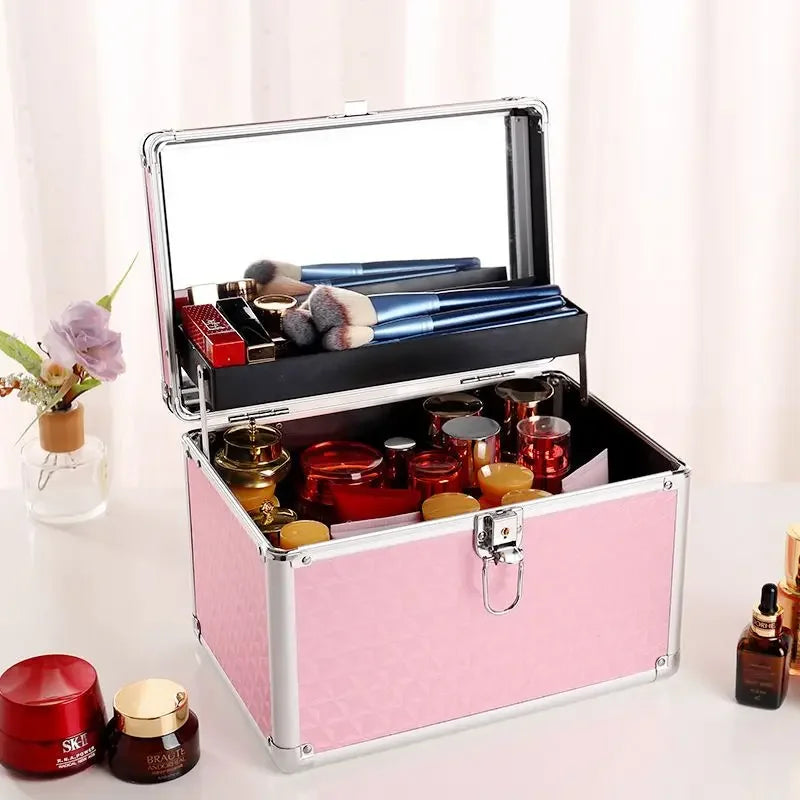 Professional Makeup Case with Mirror – Aluminum Alloy Cosmetic Organizer