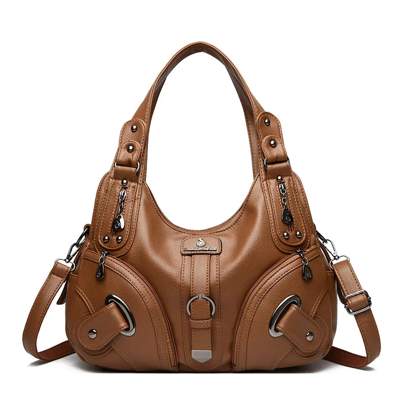 Soft Leather Women's Shoulder Bag – Multi-Pocket Hobo Handbag