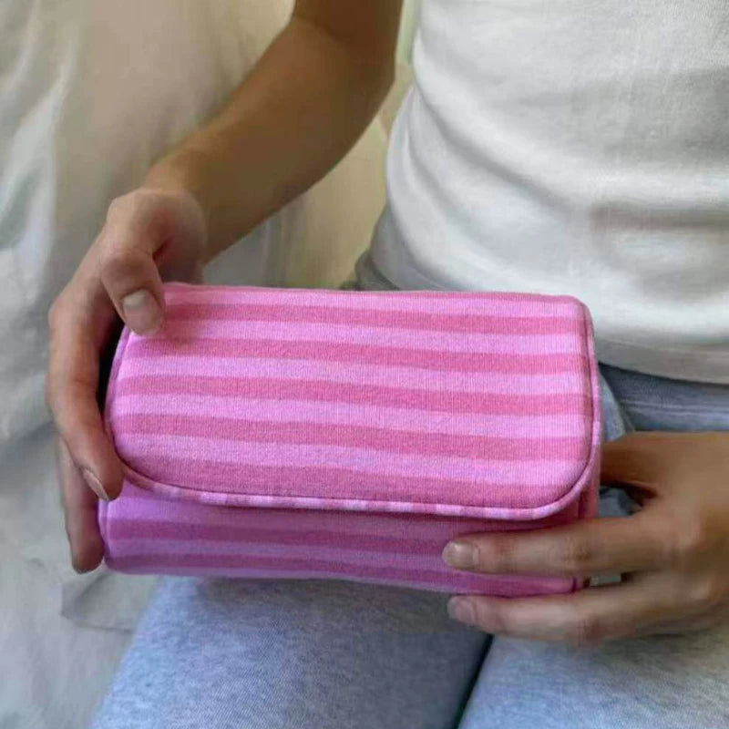 Makeup Bag with Mirror – Korean Striped Cosmetic Pouch