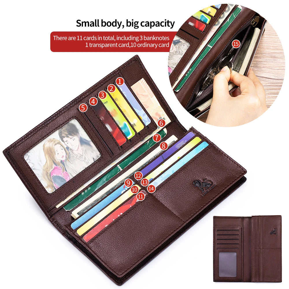 Men's Genuine Leather Long Wallet – Multi-Card Slot Bifold
