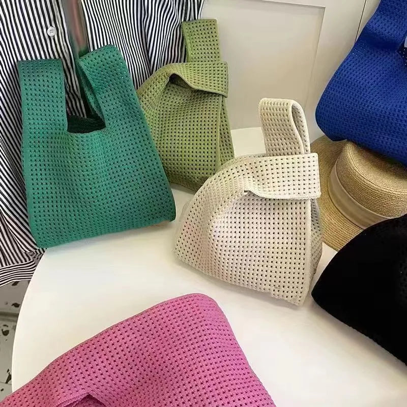 Knit Tote Bag Women – Handmade Mini Wrist Bag Casual Stripe Plaid