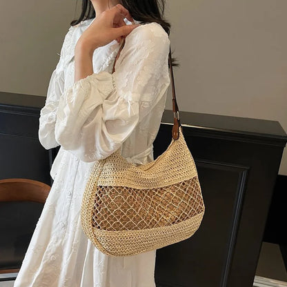 Straw Woven Shoulder Tote Bag with Adjustable Leather Strap