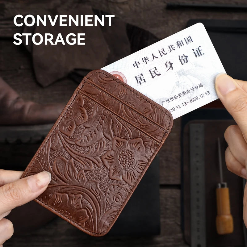 Genuine Leather Card Holder – Slim Floral Embossed Credit Card Wallet