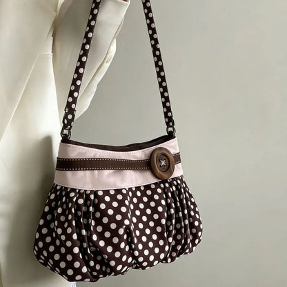 Pleated Dumpling Bag – Retro Wooden Button Shoulder Handbag