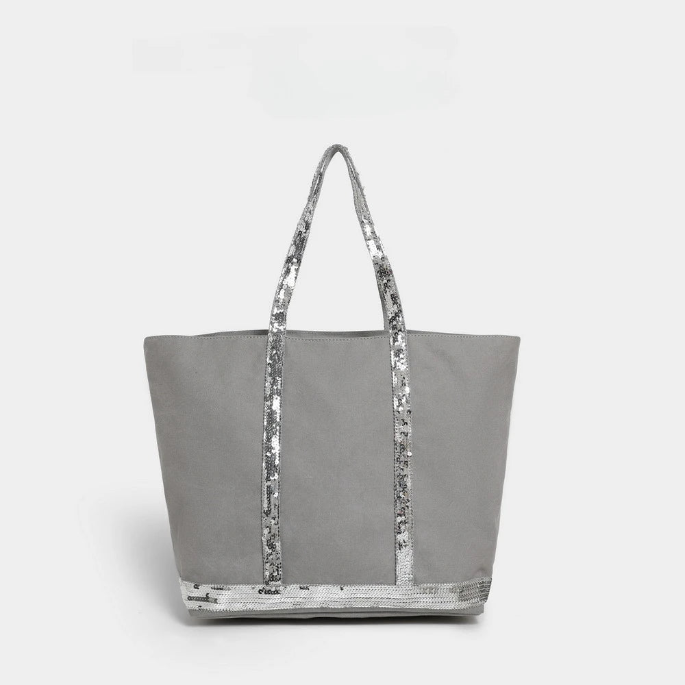French Sequined Tote Bag Women Luxury Large Bucket Vintage Casual Woven Commuter Canvas Shopper