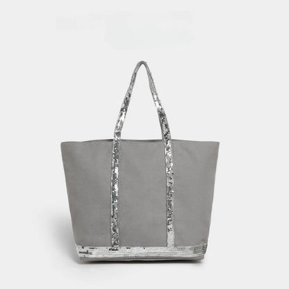 French Sequined Tote Bag Women Luxury Large Bucket Vintage Casual Woven Commuter Canvas Shopper