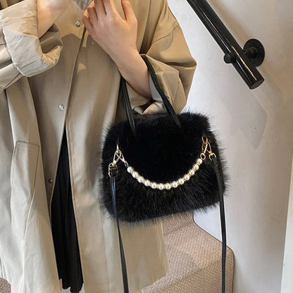 Faux Fur Shoulder Bag with Pearl Chain Handle