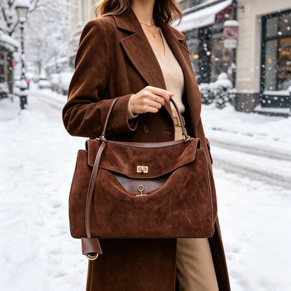 Suede Genuine Leather Tote Bag for Women – Large Capacity Shoulder Handbag