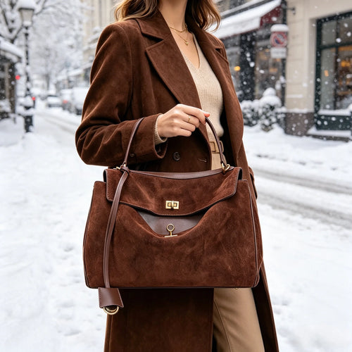 Suede Genuine Leather Tote Bag for Women – Large Capacity Shoulder Handbag