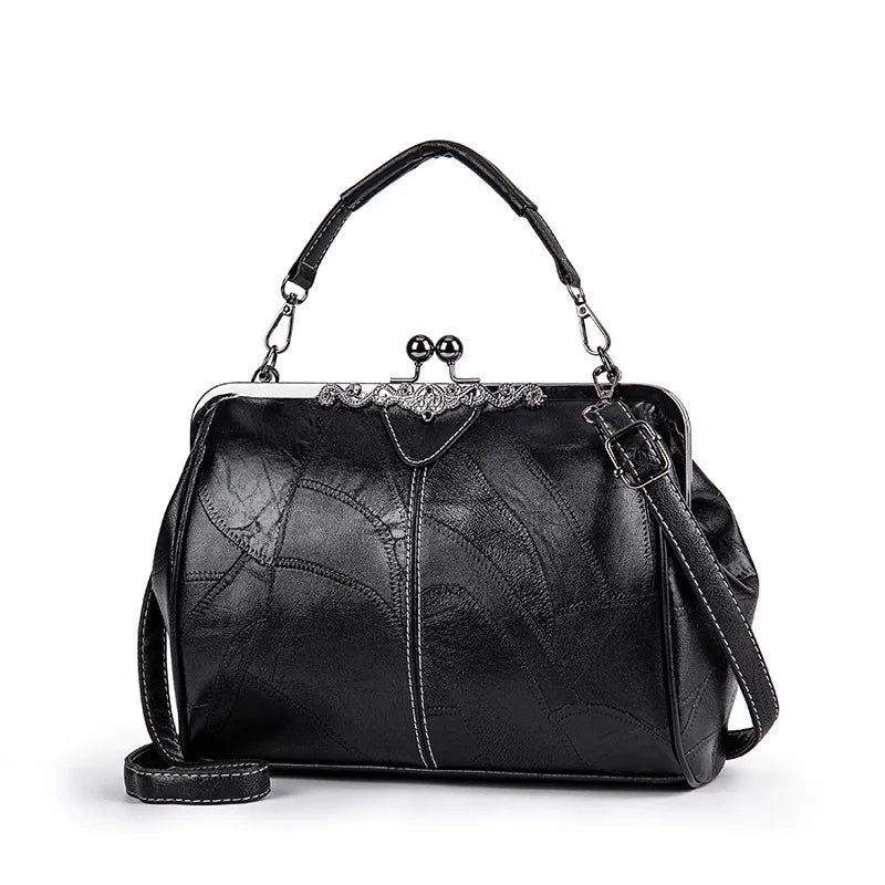 Luxury Leather Kiss-Lock Crossbody Handbag for Women