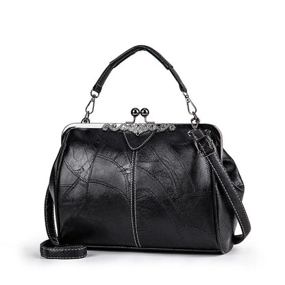 Luxury Leather Kiss-Lock Crossbody Handbag for Women